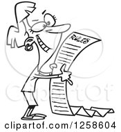 Clipart Of A Black And White Cartoon Happy Woman Reading The Beginning Of A Long Rules List Royalty Free Vector Illustration