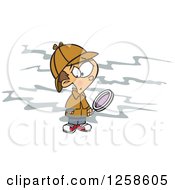 Cartoon Caucasian Boy Sherlock Picking Up A Scent And Holding A Magnifying Glass