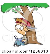 Poster, Art Print Of Cartoon Caucasian Boy Reading A Classic Book Under A Tree