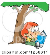 Poster, Art Print Of Cartoon Caucasian Child Reading A Book Under A Tree