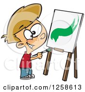 Cartoon Caucasian Boy Painting A Stroke On A Canvas