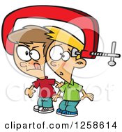 Clipart Of Cartoon Caucasian Boys With Their Heads Together In A Vice Royalty Free Vector Illustration