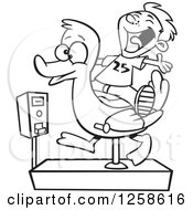 Clipart Of A Black And White Cartoon Boy Having Fun On A Duck Ride Royalty Free Vector Illustration by toonaday