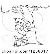 Clipart Of A Black And White Cartoon Boy Reading A Classic Book Under A Tree Royalty Free Vector Illustration