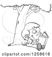 Poster, Art Print Of Black And White Cartoon Child Reading A Book Under A Tree