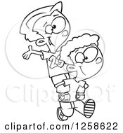 Clipart Of Black And White Cartoon Boys Giving Piggy Back Rides Royalty Free Vector Illustration by toonaday