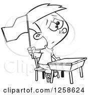 Clipart Of A Black And White Cartoon School Boy Waving A White Flag At His Desk Royalty Free Vector Illustration