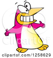 Clipart Of A Pink Cartoon Welcoming Penguin With Open Arms Royalty Free Vector Illustration