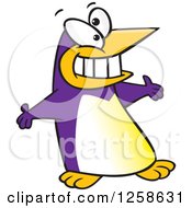 Poster, Art Print Of Purple Cartoon Welcoming Penguin With Open Arms