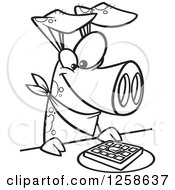 Clipart Of A Black And White Cartoon Pig Eating A Waffle Royalty Free Vector Illustration