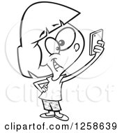 Black And White Cartoon Girl Taking A Selfie With Her Cell Phone