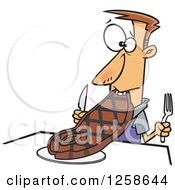 Cartoon Caucasian Man Trying To Eat A Giant Steak