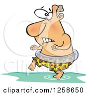 Clipart Of A Cartoon Caucasian Man Stepping In Cold Water Royalty Free Vector Illustration