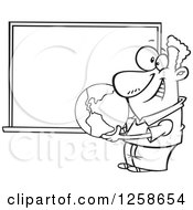 Clipart Of A Black And White Cartoon Male Teacher Holding A Globe By A Chalkboard Royalty Free Vector Illustration by toonaday