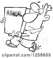 Clipart Of A Black And White Cartoon Man Carrying A Big Manual Royalty Free Vector Illustration