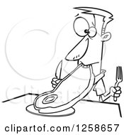 Clipart Of A Black And White Cartoon Man Trying To Eat A Giant Steak Royalty Free Vector Illustration