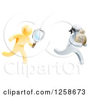 Poster, Art Print Of 3d Gold Detective With A Magnifying Glass Chasing A Silver Robber