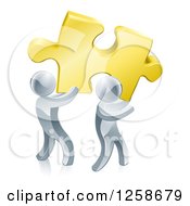 Poster, Art Print Of 3d Silver Men Carrying A Golden Puzzle Piece