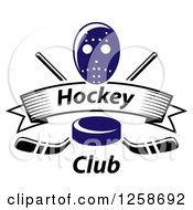 Poster, Art Print Of Blue Hockey Puck Over Crossed Sticks A Banner With Text And Mask
