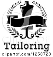Clipart Of A Black And White Tailoring Mannequin And Blank Banner In A Wreath Over Text Royalty Free Vector Illustration