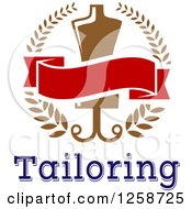 Clipart Of A Tailoring Mannequin And Blank Banner In A Wreath Over Text Royalty Free Vector Illustration