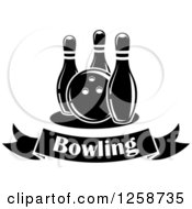 Clipart Of A Black And White Bowling Ball With Three Pins Over A Text Banner Royalty Free Vector Illustration