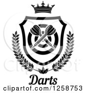 Clipart Of Black And White Crossed Throwing Darts In A Crowned Shield With A Target Wreath And Text Royalty Free Vector Illustration