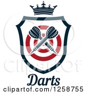 Clipart Of Crossed Throwing Darts In A Crowned Shield With A Target And Text Royalty Free Vector Illustration