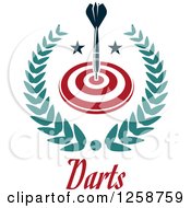 Clipart Of A Throwing Dart In A Target And Leafy Wreath Over Text Royalty Free Vector Illustration