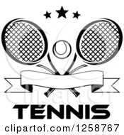 Poster, Art Print Of Black And White Stars Over Crossed Tennis Rackets And A Ball With A Banner And Text