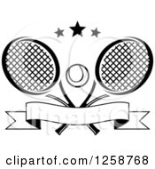 Poster, Art Print Of Black And White Stars Over Crossed Tennis Rackets And A Ball With A Banner