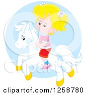 Blond Caucasian Girl Riding A Pony Over A Blue Circle
