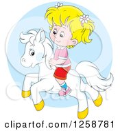 Clipart Of A Blond White Girl Riding A Pony Over A Blue Circle Royalty Free Vector Illustration