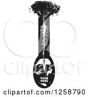 Clipart Of A Black And White Woodcut Tree With Its Roots Extending To A Skull Royalty Free Vector Illustration by xunantunich