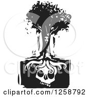 Clipart Of A Black And White Woodcut Face In A Tree Over A Skull Royalty Free Vector Illustration