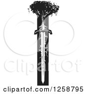 Clipart Of A Black And White Woodcut Tree With Sword Roots Royalty Free Vector Illustration by xunantunich