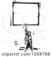 Poster, Art Print Of Black And White Woodcut Man Holding Up A Blank Sign