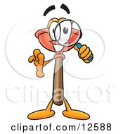 Clipart Picture Of A Sink Plunger Mascot Cartoon Character Looking Through A Magnifying Glass by Toons4Biz