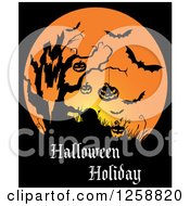Poster, Art Print Of Silhouetted Dead Tree With Bats And Jackolanterns Over Halloween Holiday Text