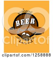Clipart Of A Welcome Premium Beer Text With Mugs And A Keg On Yellow Royalty Free Vector Illustration