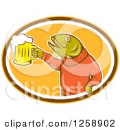 Poster, Art Print Of Trout Fish Holding Up A Beer Mug In A Yellow Brown And White Oval