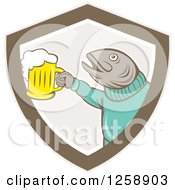 Clipart Of A Trout Fish Holding Up A Beer Mug In A Shield Royalty Free Vector Illustration