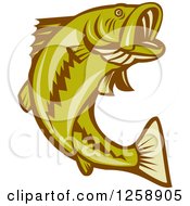 Retro Woodcut Largemouth Bass Fish Jumping