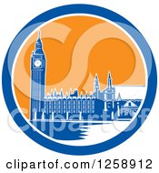 Woodcut Of Westminster Palace In London England With Big Ben In A Blue White And Orange Circle