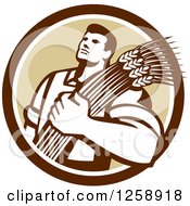 Clipart Of A Retro Male Farmer Holding Wheat In A Brown And White Circle Royalty Free Vector Illustration