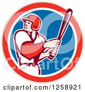 Retro White Male Baseball Player Batting In A Red White And Blue Circle