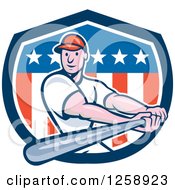 Poster, Art Print Of Cartoon White Male Baseball Player Batting Over An American Flag Shield