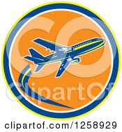 Clipart Of A Retro Airplane In Flight Inside A Yellow Blue White And Orange Circle Royalty Free Vector Illustration by patrimonio