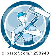 Clipart Of A Retro Cartoon Male House Painter With A Roller Brush In A Blue Circle Royalty Free Vector Illustration by patrimonio