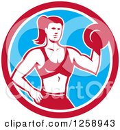 Clipart Of A Retro Muscular Fit Woman Working Out With A Dummbell In A Red White And Blue Circle Royalty Free Vector Illustration